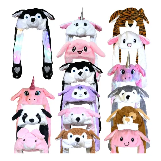 Touca De Pelúcia Com Led Mexe Orelha Gorro Frio Capuz Bichos