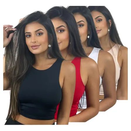 Kit 4 Cropped Blusa Alcinha Regata Suplex Básica Nadador Preto Branco Nude Telha Único