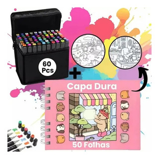 / Kit 60 Canetas Ponta Dupla + Kit Livro De Colori / Kit 60 Canetas Ponta Dupla + Kit Livro De Colori