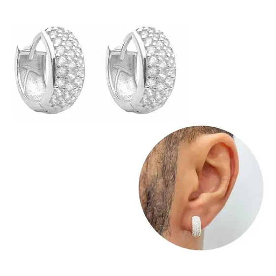 Brinco Argola Cravejada Masculino Prata 925 Zircônia Antialérgico