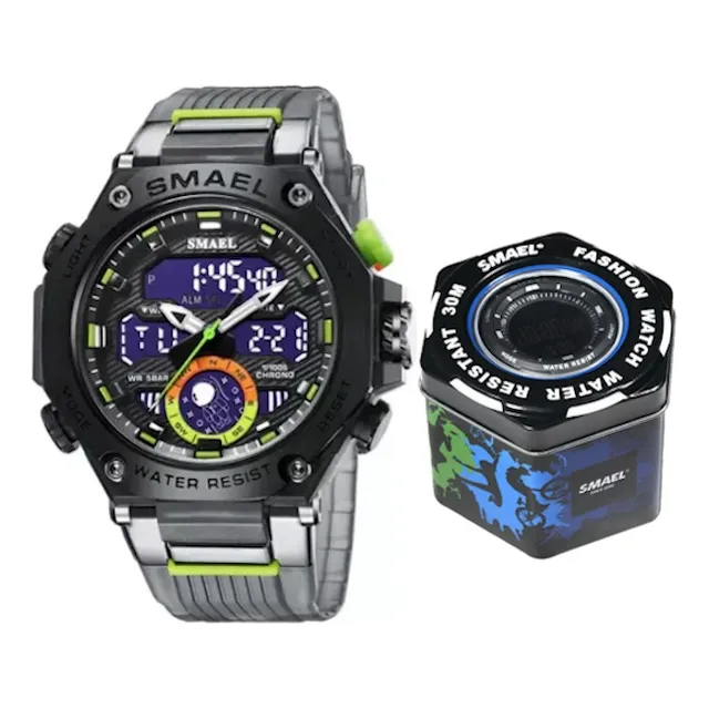 Reloj Deportivo Smael 8069 Gris Traslucido 50m Hora Doble