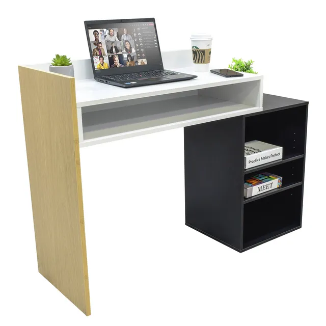 Escritorio Oficina Para Computadora Diseño Moderno Minimalista Color Madera Clara Blanco y Negro