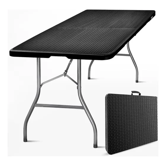 Mesa Plegable Simil Rattan Reforzada 1.80 Metros Color Negro