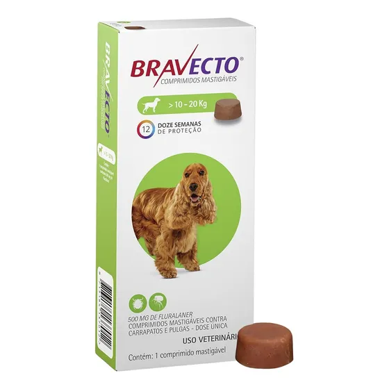 Bravecto 10 20 Kg Carrapato Antipulgas Remedio Comprimido Cor 10 A 20 Kilos - 500mg - Verde