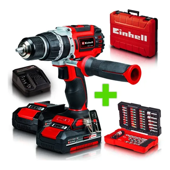 Taladro percutor atornillador inalámbrico de 13mm Einhell TP-CD 18/60 Li-i BL 18V 2 baterías de 2Ah kit 39 accesorios