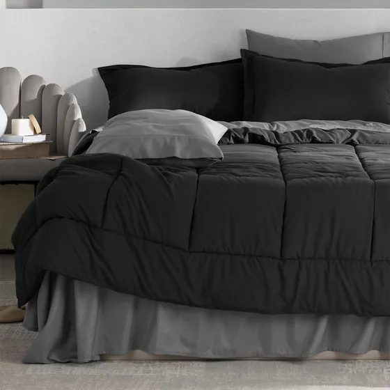 Set 7 Pzas. Edredón Matrimonial +fundas De Almohada + Juego De Sabanas Real Textil Negro/gris