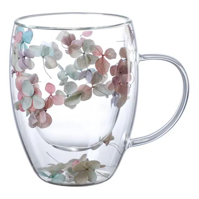 Taza Vidrio Doble Pared Borosilicato 11oz Con Flor Seca Café