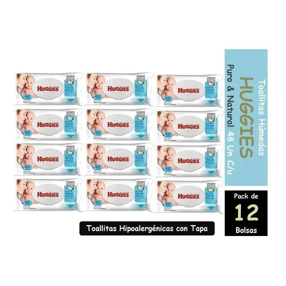 12 Bolsas Toallitas Humedas Huggies Puro & Natural 48 Un