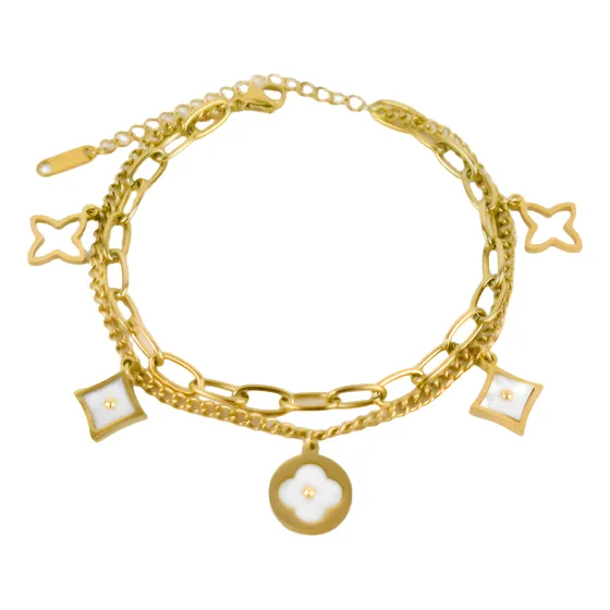 Pulsera Mujer Trebol Rombo Y Flor En Blanco O Negro Milokita