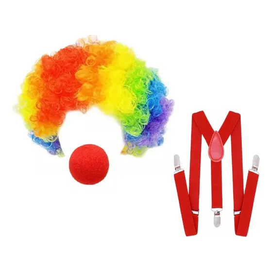 Set De Payaso Peluca Multicolor Niño Con Nariz Y Suspensores