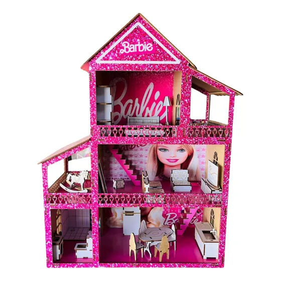Casa de Bonecas Barbie decorada com 19 mini móveis cor Rosa-chiclete Grupo Paraíso Mdf