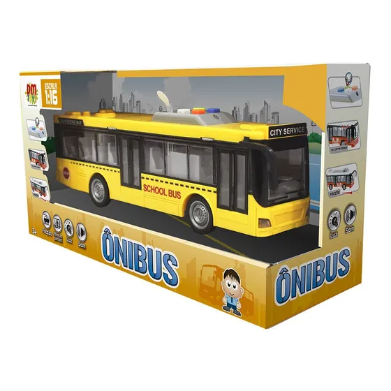 Ônibus Com Luz E Som Carro Fricção Dm Toys Amarelo Dmt6165