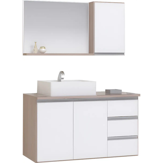 Conjunto Gabinete Banheiro Completo Prisma 0.80m Móvel Madeirado/branco Um Furo