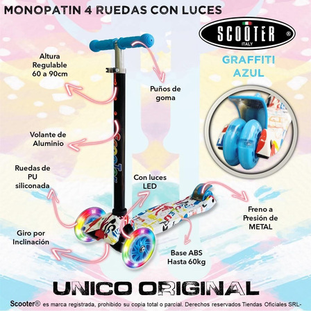Monopatin Infantil De Pie Marca Scooter Italy Original 4 Ruedas Con Luces Reforzado Altura Regulable Modelo: Graffity Azul