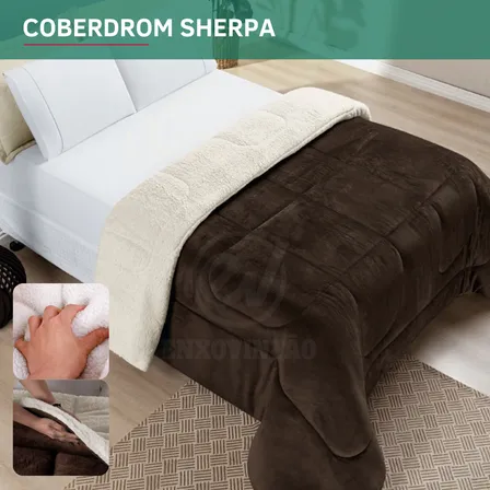 Coberdrom Dupla Face Casal Queen Sherpa Inverno Pele Carneiro Macio Suave Quente Luxo Cor Tabaco Premium