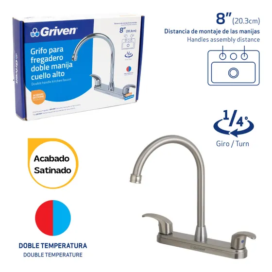 Grifo Para Fregadero Doble Manija Cuello Alto 8puLG Griven