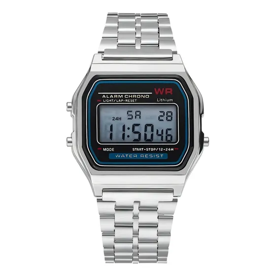 Relógio WR Retrô Digital Aço Inoxidável Vintage Unisex Prata