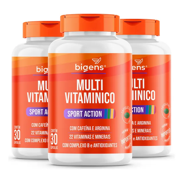 Kit C/ 3x Multivitaminico Sport Action (22 Vitaminas E Minerais) Com Cafeína E Arginina | 90 Cáps | Bigens