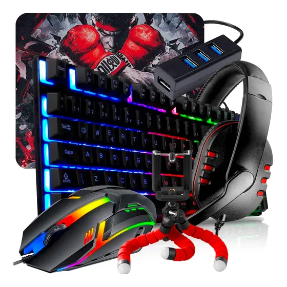 Kit Gamer Mageon Teclado Rainbow Led Preto Qwerty.