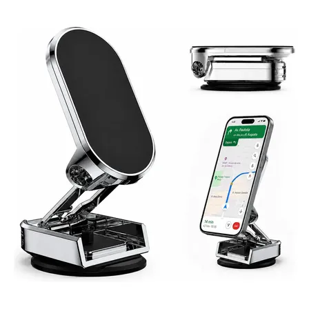Suporte Celular Carro Magnético Rotativo 360° Dobrável Ventosa Suporte Celular Magnético Veicular Ventosa Sucção Academia Automotivo Portátil Dobrável Para Mesa Vidro Espelho Painel Fixa Prateado