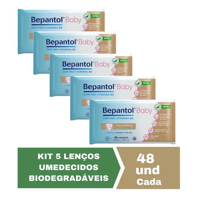 Kit Com 5 Lenços Umedecidos Bepantol Biodegradável 48un Cada