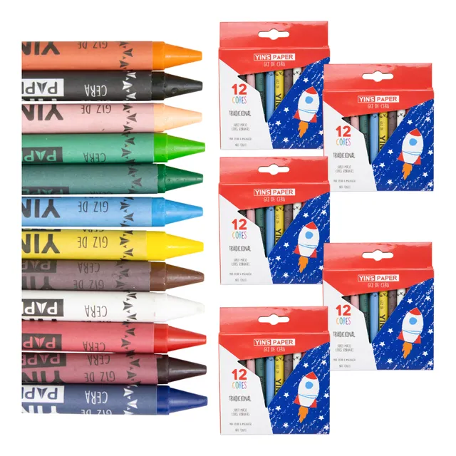 Kit 5 Cx Giz De Cera 12 Cores Fino Tradicional Atacado Yins