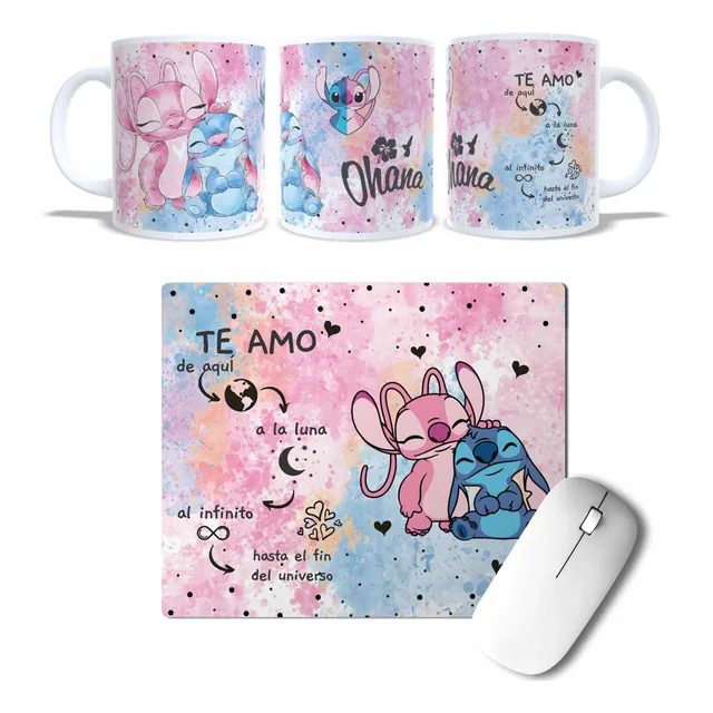 Taza Y Mouse Pad Stitch Enamorados Amor Aniversario Regalo