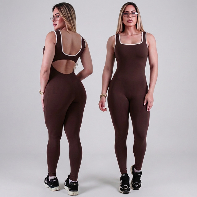 Macacão Academia Longo Feminino Bicolor Com Costas Nuas