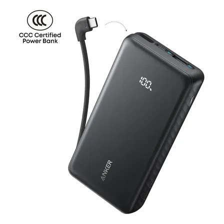 Carregador Portátil Power Bank Anker 20000mah Carga Turbo 22.5w Cabo Usb-c Integrado Para iPhone 17/16/15/14/13/12/11, Samsung Galaxy, Motorola, Xiaomi, Poco, Oppo, AirPods, Display Digital Cor Preto