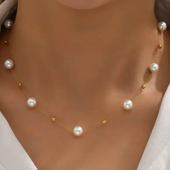 Colar Feminino Aço Inox Com Múltiplas Contas Dourado — foto 2