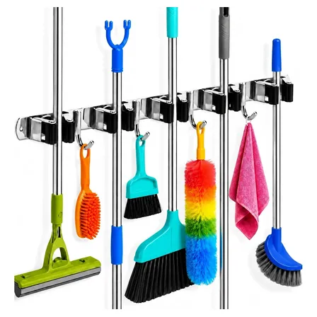 Suporte Vassoura Parede Rodo Mop Inox Sem Furar 9 Lugares Prateado