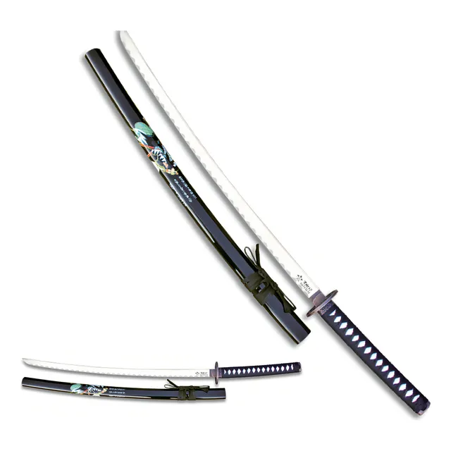 Katana Negra Peana De Madera Hoja De 69 Cm Mango Encordado Color Negro