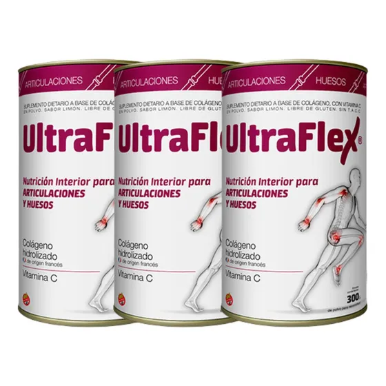 Pack x 3 Suplemento en polvo TRB Pharma Ultraflex colágeno sabor limón en pote de 300g