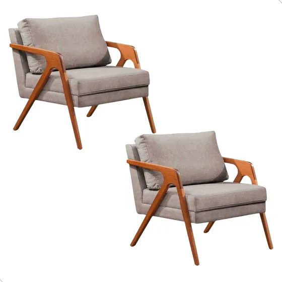 Kit 2 Poltronas Decorativa Mona Luxo Linho Base Madeira Cor Linho Cinza