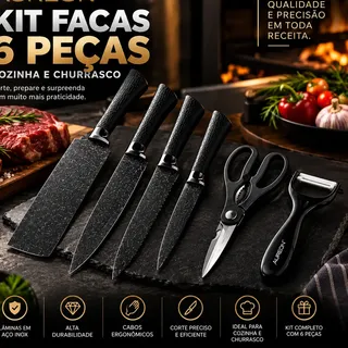 Kit Facas 6 Pecas Preto Cozinha Em Aco Inox Churrasco Preto