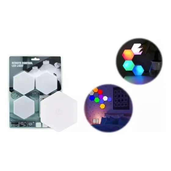 Lampara Hexagonal Luz Led Control Remoto Rgb Colores Kit 3pz