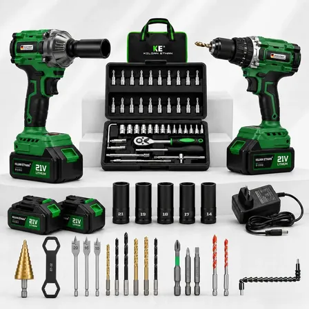 Kit Oficina Mecânica KILIAN ETHAN 21V: Chave Impacto e Furadeira Brushless Com Jogo 46 Peças