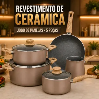 Jogo Panelas Kit 5 Peças Antiaderente Cerâmica Indução Gás Marrom-escuro