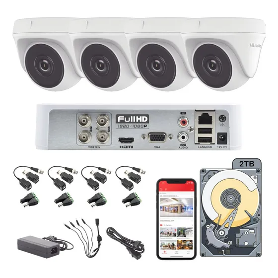 Kit Circuito Cerrado Hikvision Hilook Dvr 4 Canales 4 Camaras Domo 1080p 2mp Full Hd Thc-t120-pc Video Baluns + Disco Duro 2tb
