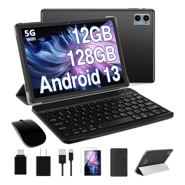 Oangcc Newest Tablet 10 Pulgadas Android 13 Os 12 Gb Ram 128 Gb Rom 5g 2.4g Wifi 8 Core 2.0 Ghz Bt 5.0 Widget, 6000 Mah 5.8mp Certificada Gms Tableta Con Teclado Funda Negra