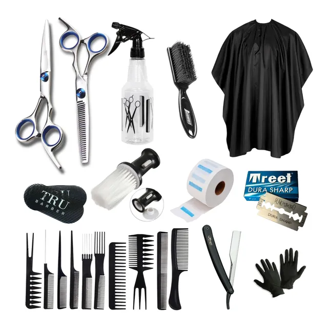 Kit Combo Barbería Tijeras Capa Set Peines Navaja Portatalco