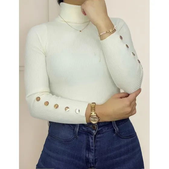 Saco Jersey Buso Básico Cuello Tortuga Mangas Botones Dorado