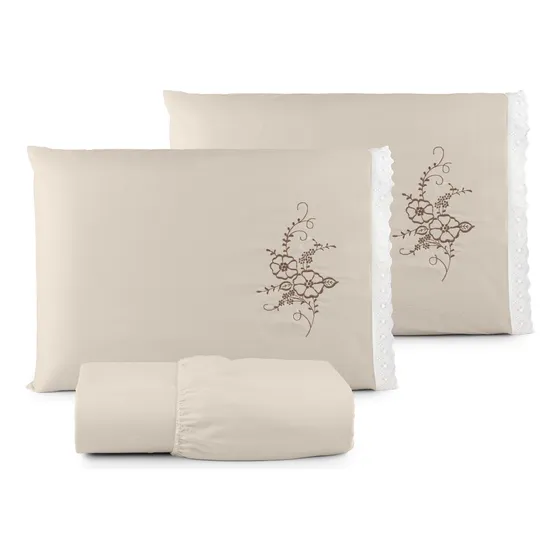 Lençol Bordado Queen 3 Pçs Elástico Toda A Volta Texfine Linda Cores Cáqui