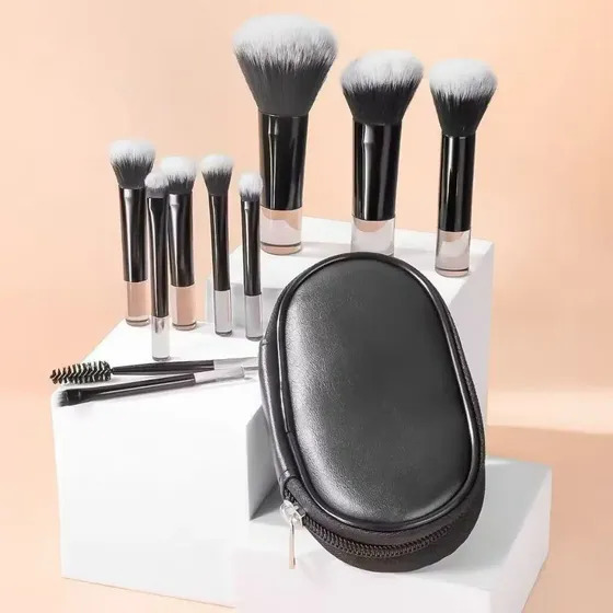 Kit 10 Mini Pincéis Para Maquiagem De Bolsa Com Estojo Cor Preto