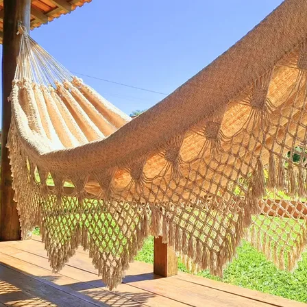 Rede Dormir Bucho Boi Casal Gigante 4,5m Varanda Artesanal Bege Com Caramelo Mesclado