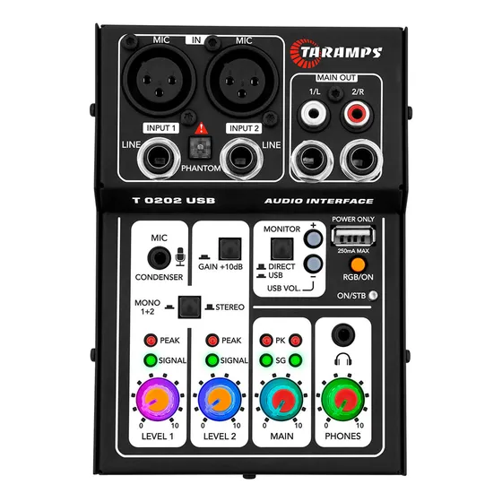 Mesa De Som Interface De Audio Stereo Usb Taramps T0202 Preta 5v Led Rgb Gamer Streaming Podcasts Live Gravação Studio Computador Pc Notebook Placa De Som Alinhamento Phantom Power 48v Rca Xlr P2 P10