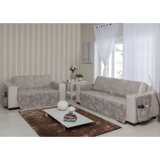 Capa Protetora De Sofá Tecido Mc Cortinas Jacquard Cristal 2 E 3 Lugares Cor Cáqui