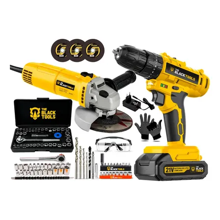 Parafusadeira De Impacto A Bateria 21V + Esmerilhadeira Angular 780W 4.1/2" E Jogo De Soquetes 40 Peças The Black Tools