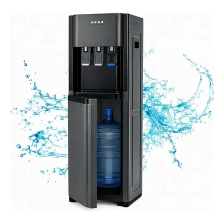 Bebedouro Eletrônico de Coluna Preto com Garrafão Inferior 5L a 20L, 3 Temperaturas Água Gelada, Natural e Quente, Carga pela Base sem Levantar, Dispenser Moderno para Casa, Escritório e Comércio