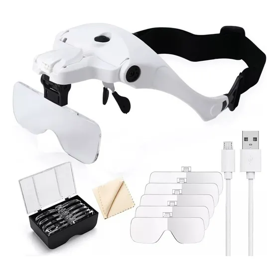 Lentes Lupa Luz Led Usb Recargable Para Pestañas Manicura En La Cabeza Manos Libres Con 5 Lentes Desmontables De 1x,1.5x,2x,2.5x,3x Lupa Con Diadema Con Luz Led